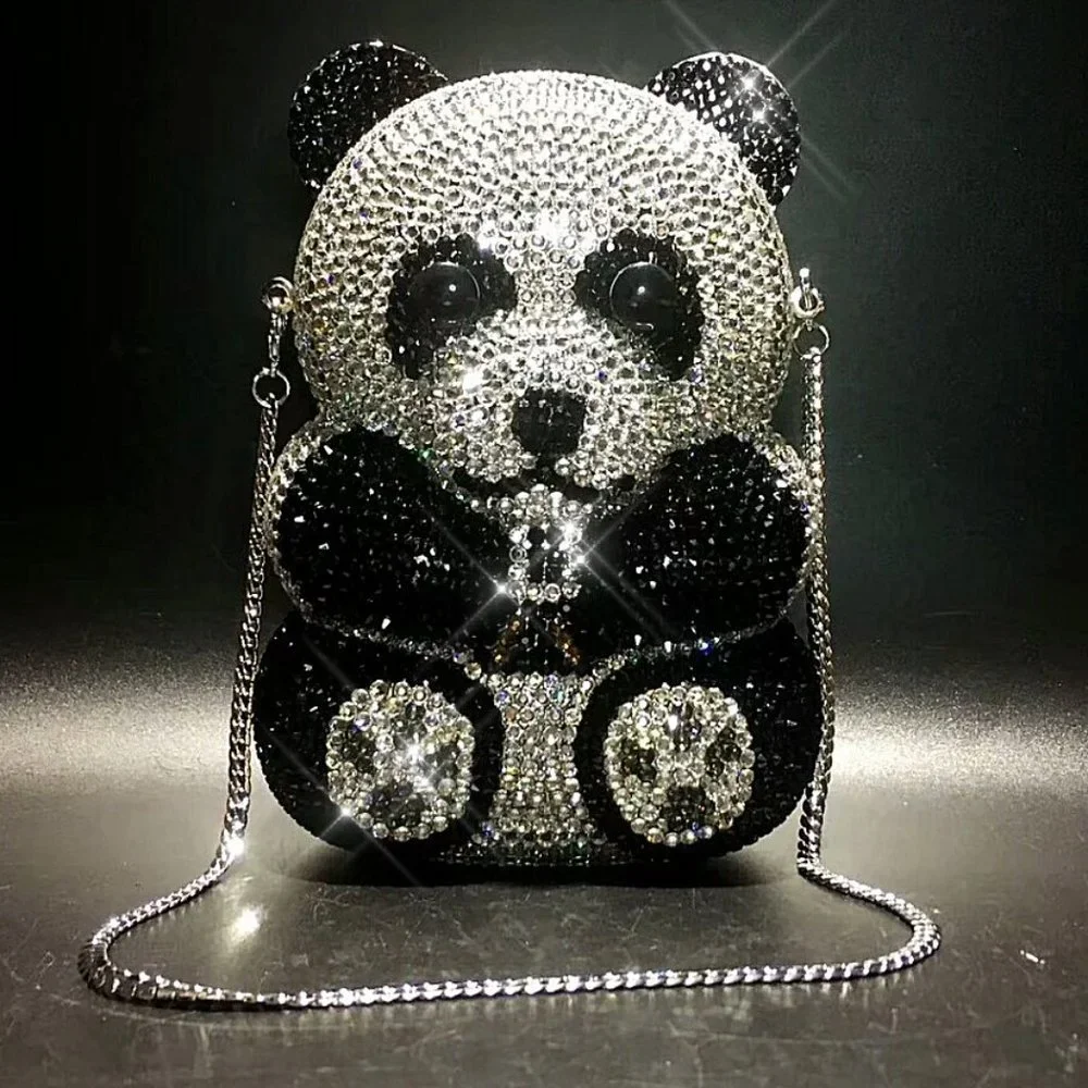 NEW Sparkling Bling Crystal Rhinestone Panda Bear Bag Clutch Purse +Gift - Picture 5 of 16
